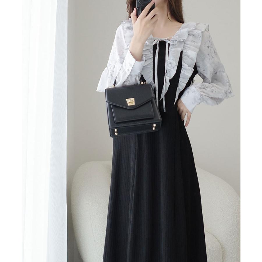 【mily bilet】ワンピース 秋 レディース きれいめ シャイニー花柄 フリル ブラウス ドッキングワンピース 異素材 切り替えデザイン Aラインシルエット | classicalelf | 04