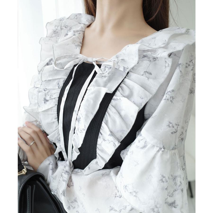 【mily bilet】ワンピース 秋 レディース きれいめ シャイニー花柄 フリル ブラウス ドッキングワンピース 異素材 切り替えデザイン Aラインシルエット | classicalelf | 05