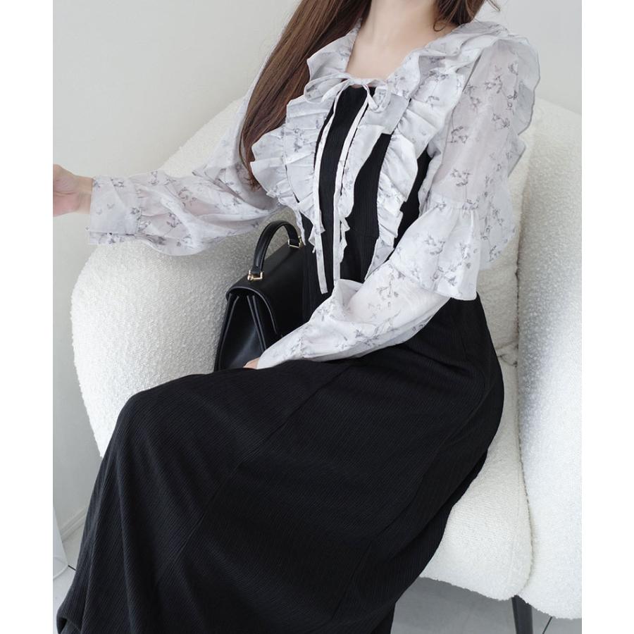 【mily bilet】ワンピース 秋 レディース きれいめ シャイニー花柄 フリル ブラウス ドッキングワンピース 異素材 切り替えデザイン Aラインシルエット | classicalelf | 06