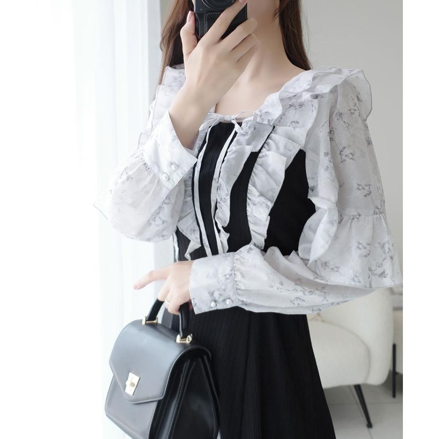 【mily bilet】ワンピース 秋 レディース きれいめ シャイニー花柄 フリル ブラウス ドッキングワンピース 異素材 切り替えデザイン Aラインシルエット | classicalelf | 07