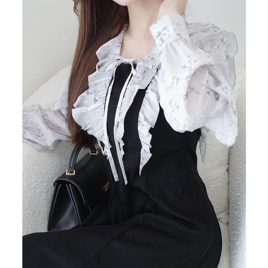 【mily bilet】ワンピース 秋 レディース きれいめ シャイニー花柄 フリル ブラウス ドッキングワンピース 異素材 切り替えデザイン Aラインシルエット | classicalelf | 08