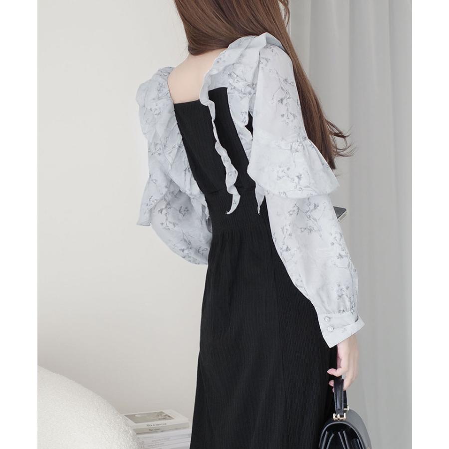 【mily bilet】ワンピース 秋 レディース きれいめ シャイニー花柄 フリル ブラウス ドッキングワンピース 異素材 切り替えデザイン Aラインシルエット | classicalelf | 09