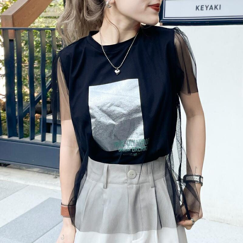 【mily bilet】 トップス Tシャツ レディース チュール 重ね着 風 シルバー 箔 プリント Tee オーバーサイズ レイヤードコーデ 着回し | classicalelf | 16