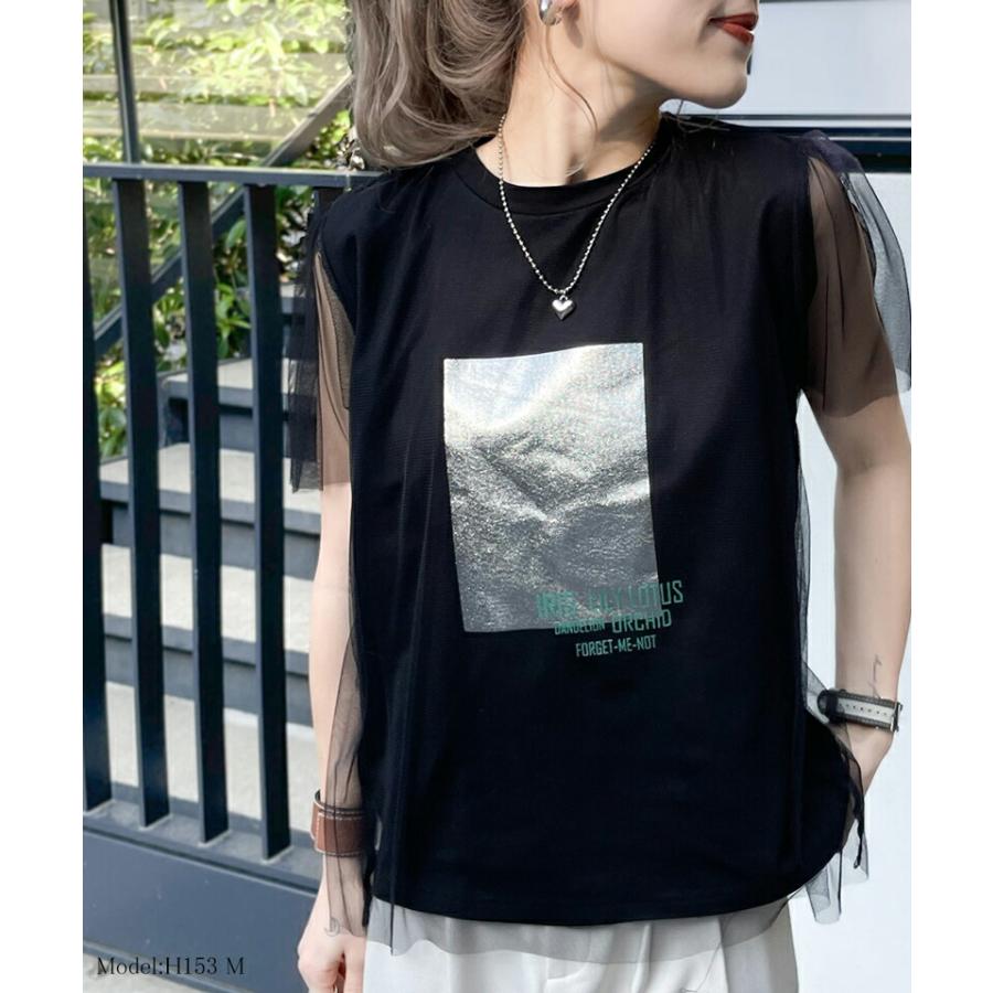 【mily bilet】 トップス Tシャツ レディース チュール 重ね着 風 シルバー 箔 プリント Tee オーバーサイズ レイヤードコーデ 着回し | classicalelf | 07
