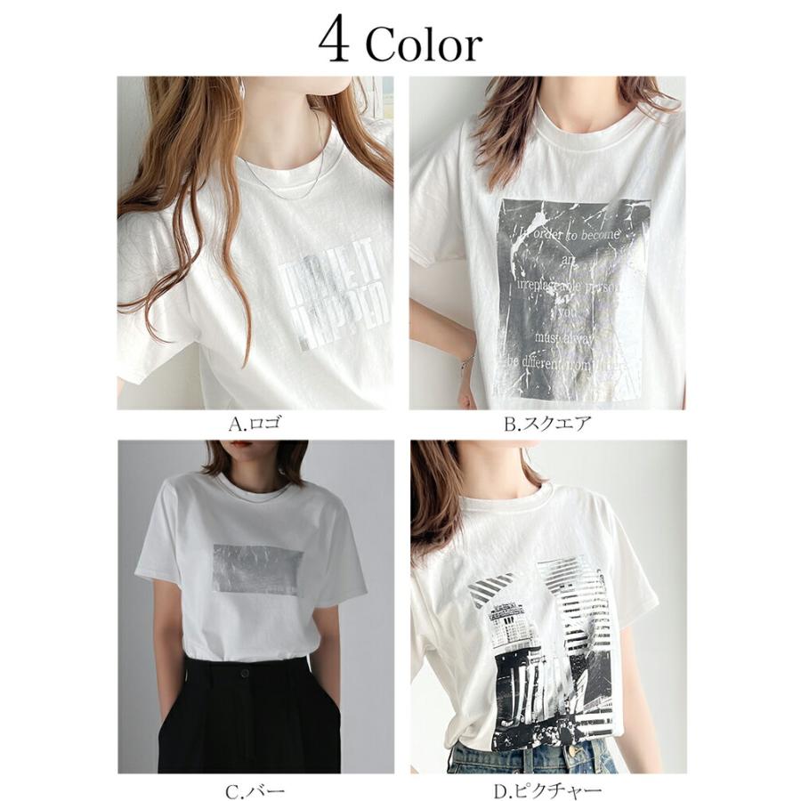 【mily bilet】 トップス Tシャツ レディース 綿 100% 箔 プリント 柄 アソート プルオーバー 華奢見せ 程よい サイズ感 レイヤードコーデ | classicalelf | 02