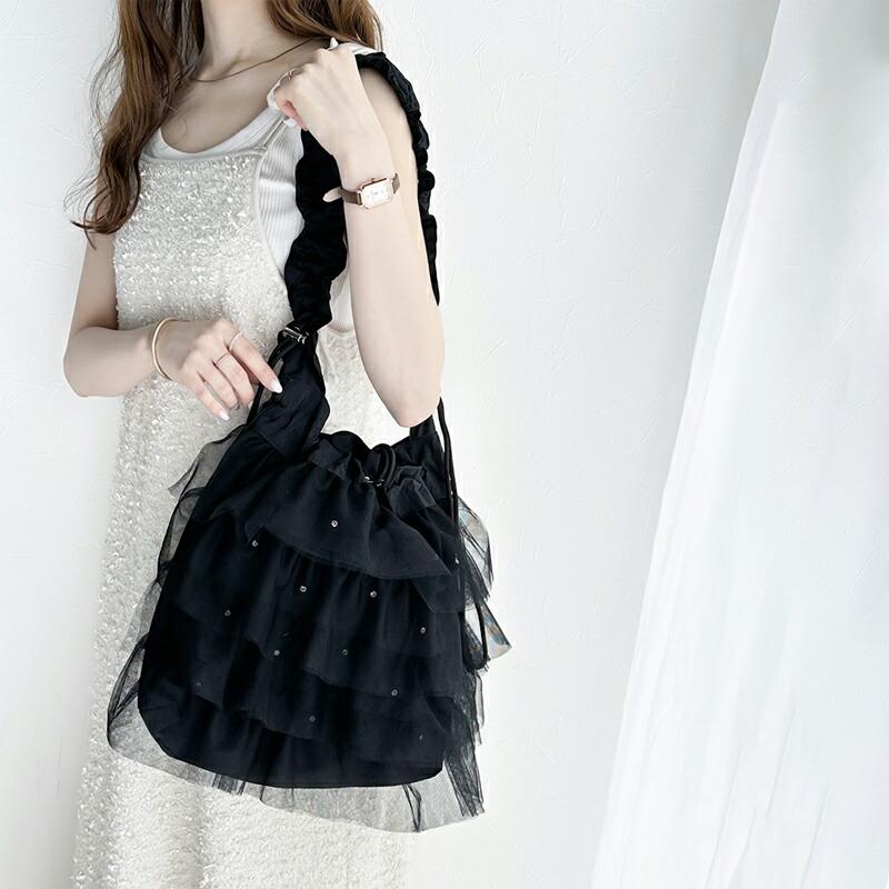 【mily bilet】 バッグ ショルダーバッグ レディース きらきら ラインストーン 付き チュール フリル ハンドル 調節 可能ドロスト 巾着バッグ | classicalelf | 11