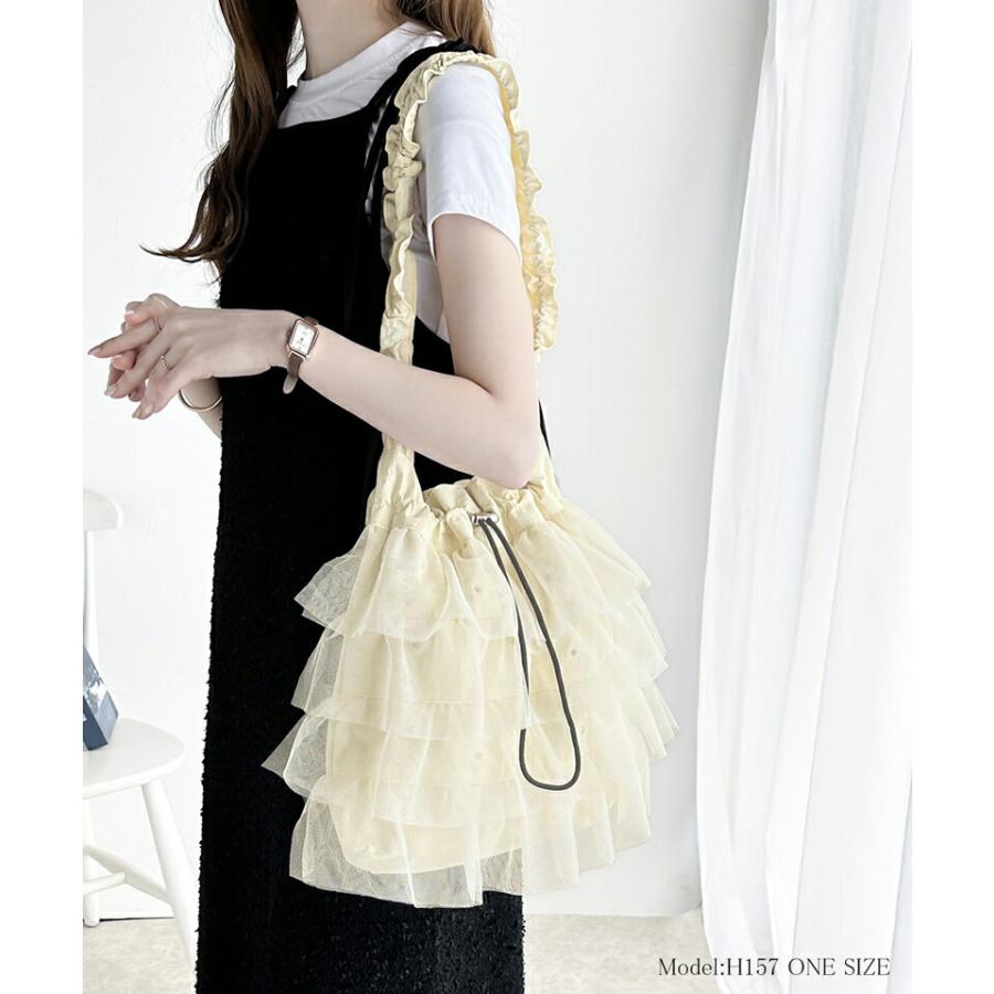 【mily bilet】 バッグ ショルダーバッグ レディース きらきら ラインストーン 付き チュール フリル ハンドル 調節 可能ドロスト 巾着バッグ | classicalelf | 03