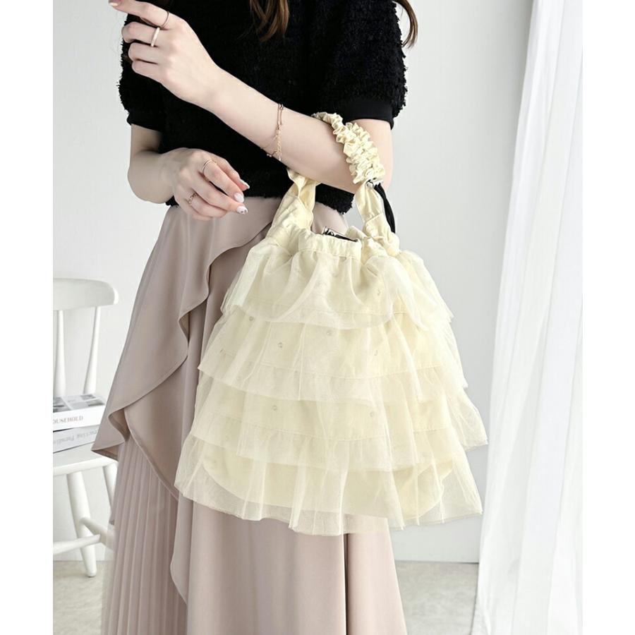 【mily bilet】 バッグ ショルダーバッグ レディース きらきら ラインストーン 付き チュール フリル ハンドル 調節 可能ドロスト 巾着バッグ | classicalelf | 05