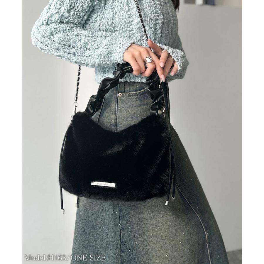 【mily bilet】ハンドバッグ レディース ファーバッグ ロゴプレート ボリュームファ ふわふわ 2WAY 表革 存在感抜群 大人可愛い ドロースハンドル | classicalelf | 06