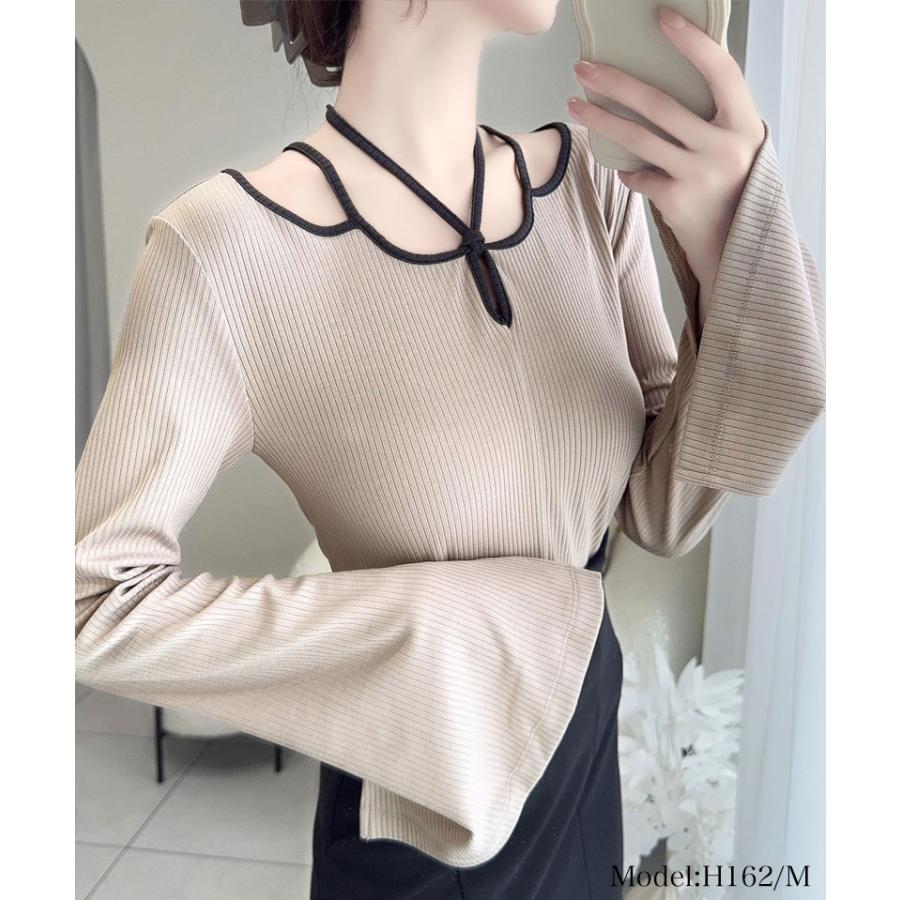 【mily bilet】 トップス ニット レディース リブニット チョーカー パイピング 配色 袖 フレア リボン カットソー ヘルシー 肌見せ 着回し | classicalelf | 12