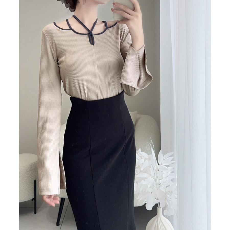 【mily bilet】 トップス ニット レディース リブニット チョーカー パイピング 配色 袖 フレア リボン カットソー ヘルシー 肌見せ 着回し | classicalelf | 13