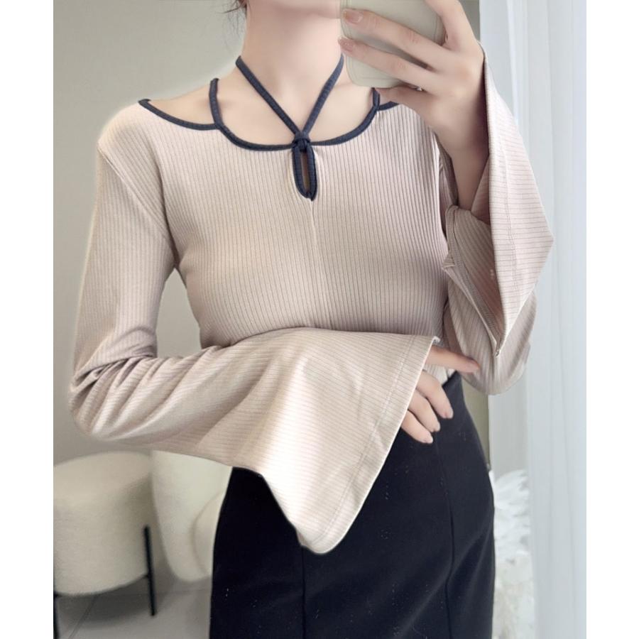 【mily bilet】 トップス ニット レディース リブニット チョーカー パイピング 配色 袖 フレア リボン カットソー ヘルシー 肌見せ 着回し | classicalelf | 14