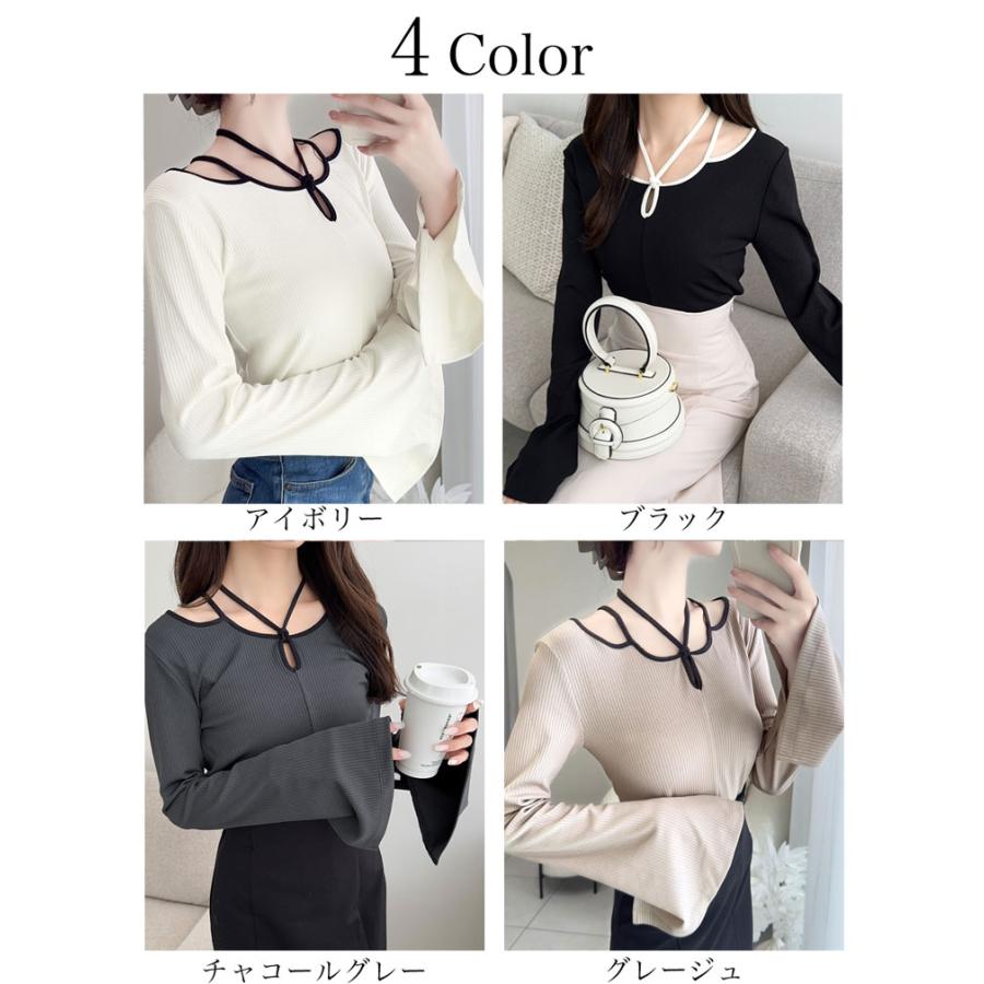 【mily bilet】 トップス ニット レディース リブニット チョーカー パイピング 配色 袖 フレア リボン カットソー ヘルシー 肌見せ 着回し | classicalelf | 02