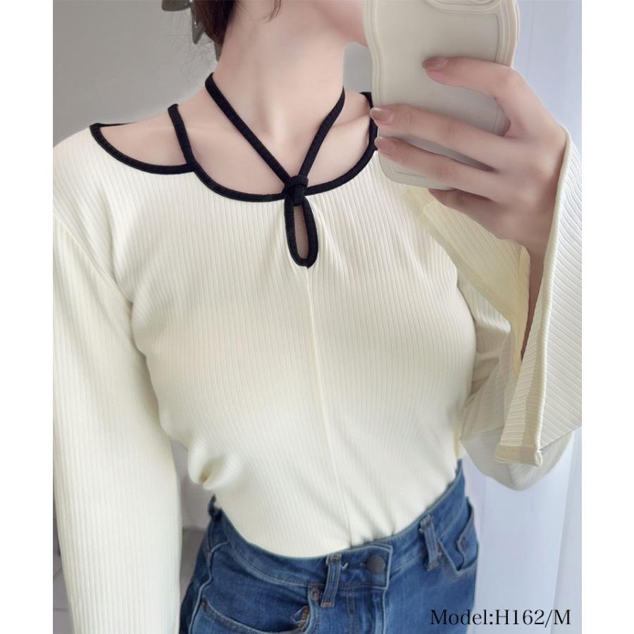 【mily bilet】 トップス ニット レディース リブニット チョーカー パイピング 配色 袖 フレア リボン カットソー ヘルシー 肌見せ 着回し | classicalelf | 03