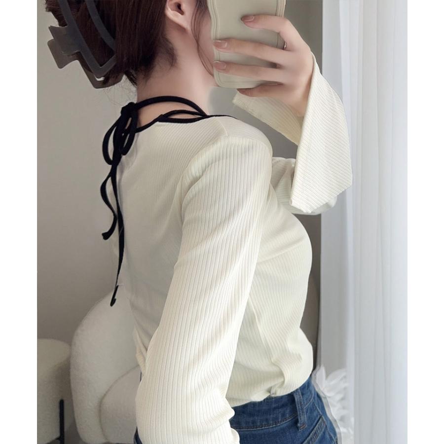 【mily bilet】 トップス ニット レディース リブニット チョーカー パイピング 配色 袖 フレア リボン カットソー ヘルシー 肌見せ 着回し | classicalelf | 04