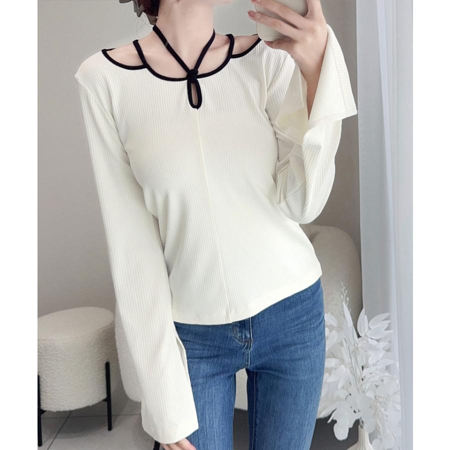 【mily bilet】 トップス ニット レディース リブニット チョーカー パイピング 配色 袖 フレア リボン カットソー ヘルシー 肌見せ 着回し | classicalelf | 05