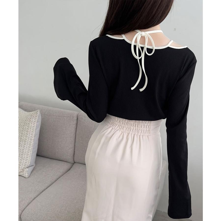 【mily bilet】 トップス ニット レディース リブニット チョーカー パイピング 配色 袖 フレア リボン カットソー ヘルシー 肌見せ 着回し | classicalelf | 08
