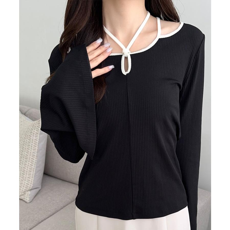 【mily bilet】 トップス ニット レディース リブニット チョーカー パイピング 配色 袖 フレア リボン カットソー ヘルシー 肌見せ 着回し | classicalelf | 09