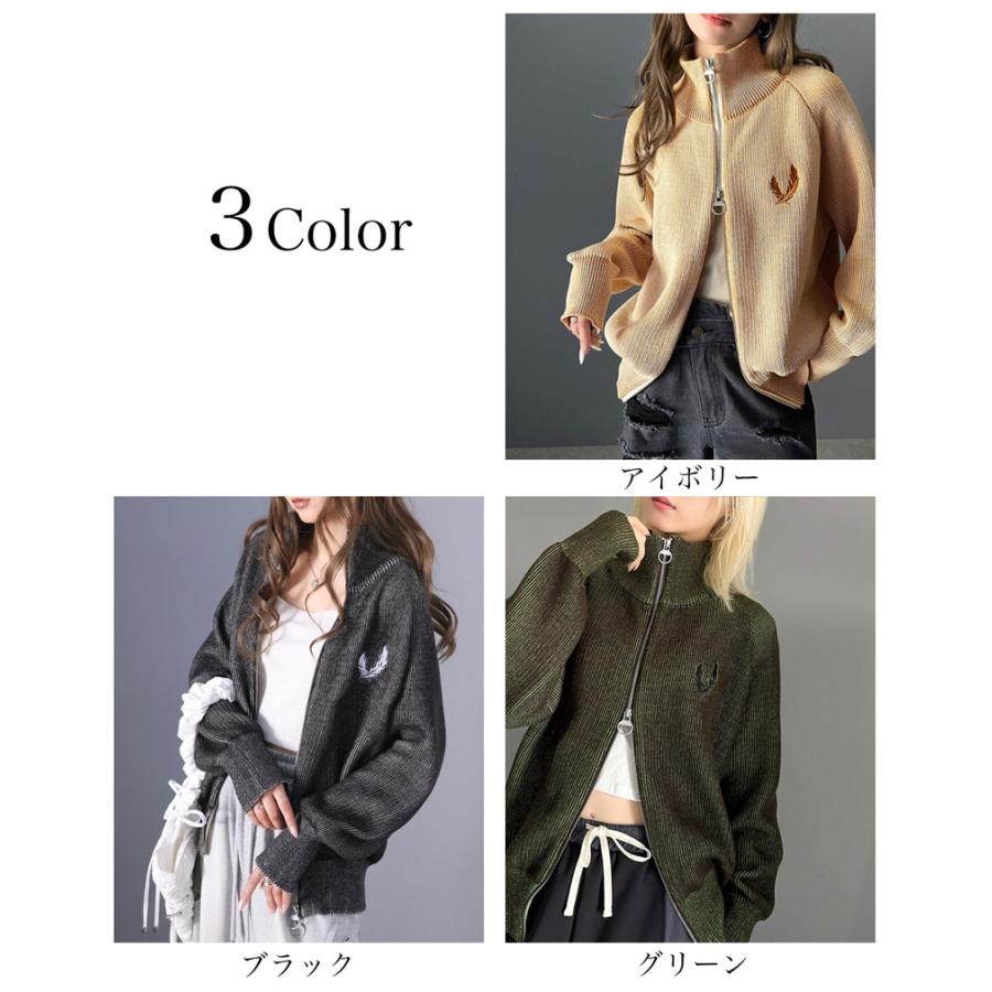 【mily bilet】 トップス ニット レディース カーディガン ダブルジップ ミックスライク 畦編み ワンポイント 胸刺繍 スタンドカラー スタンド衿 | classicalelf | 02