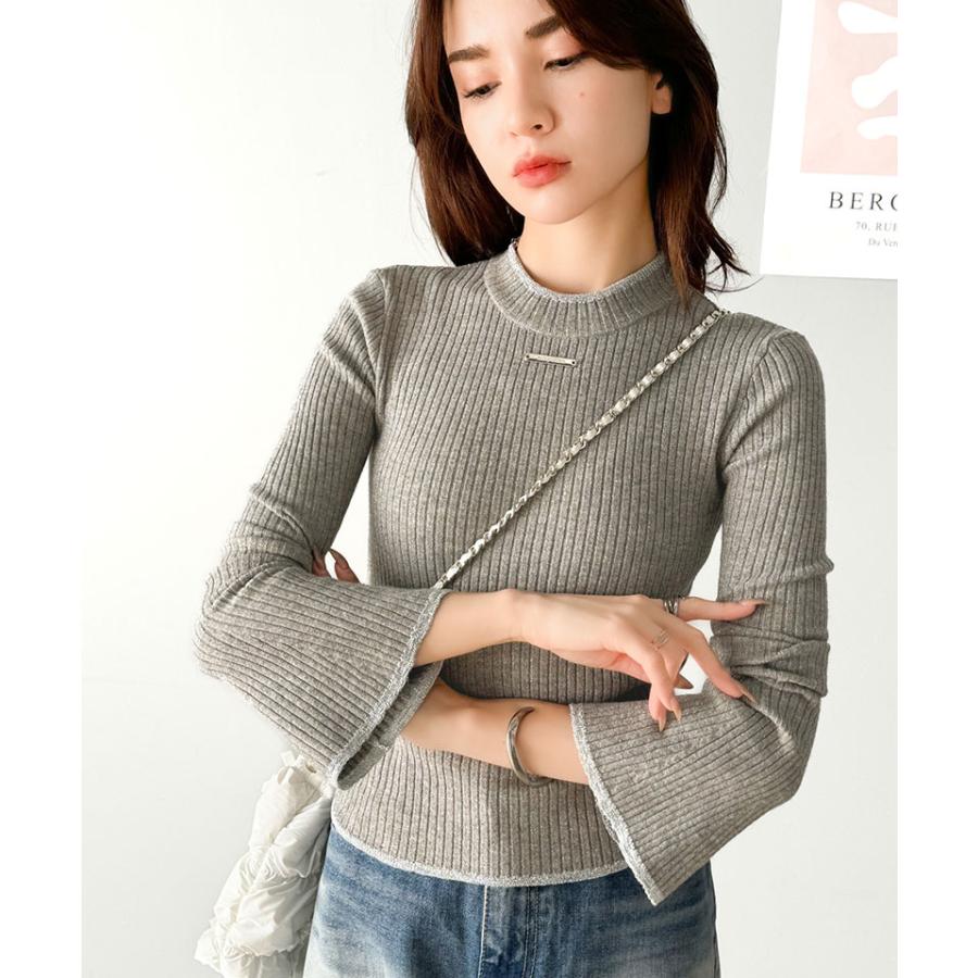 【mily bilet】 トップス ニット レディース きらめき ラメ入り 配色 リブ プチ ハイ 袖 フレア 長袖 胸元 ロゴ プレート コンパクト丈 着回し | classicalelf | 12