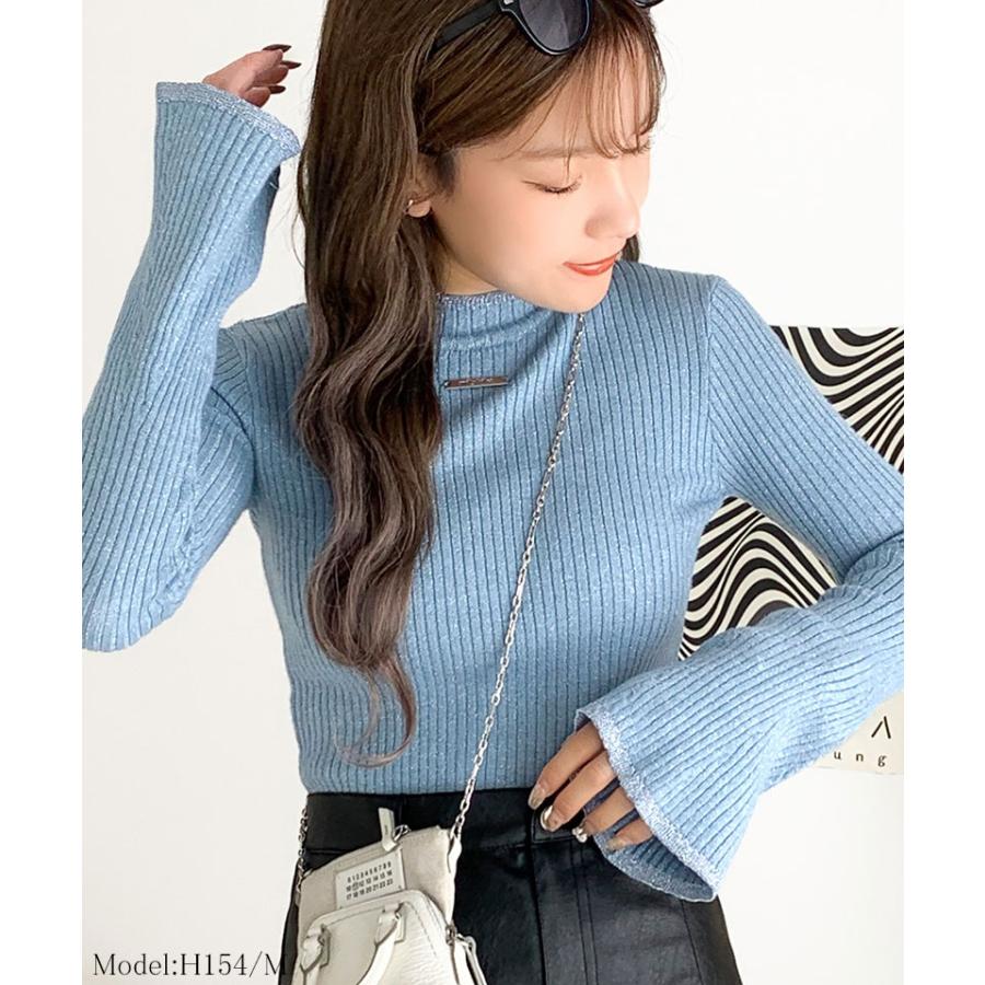 【mily bilet】 トップス ニット レディース きらめき ラメ入り 配色 リブ プチ ハイ 袖 フレア 長袖 胸元 ロゴ プレート コンパクト丈 着回し | classicalelf | 13