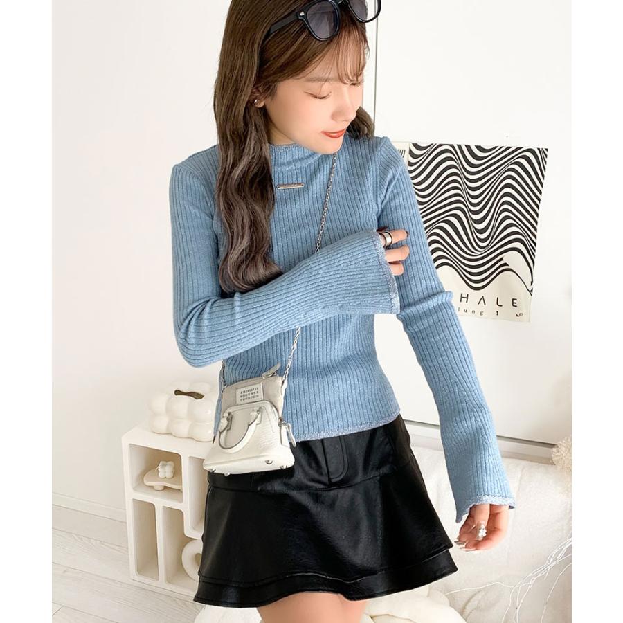 【mily bilet】 トップス ニット レディース きらめき ラメ入り 配色 リブ プチ ハイ 袖 フレア 長袖 胸元 ロゴ プレート コンパクト丈 着回し | classicalelf | 14