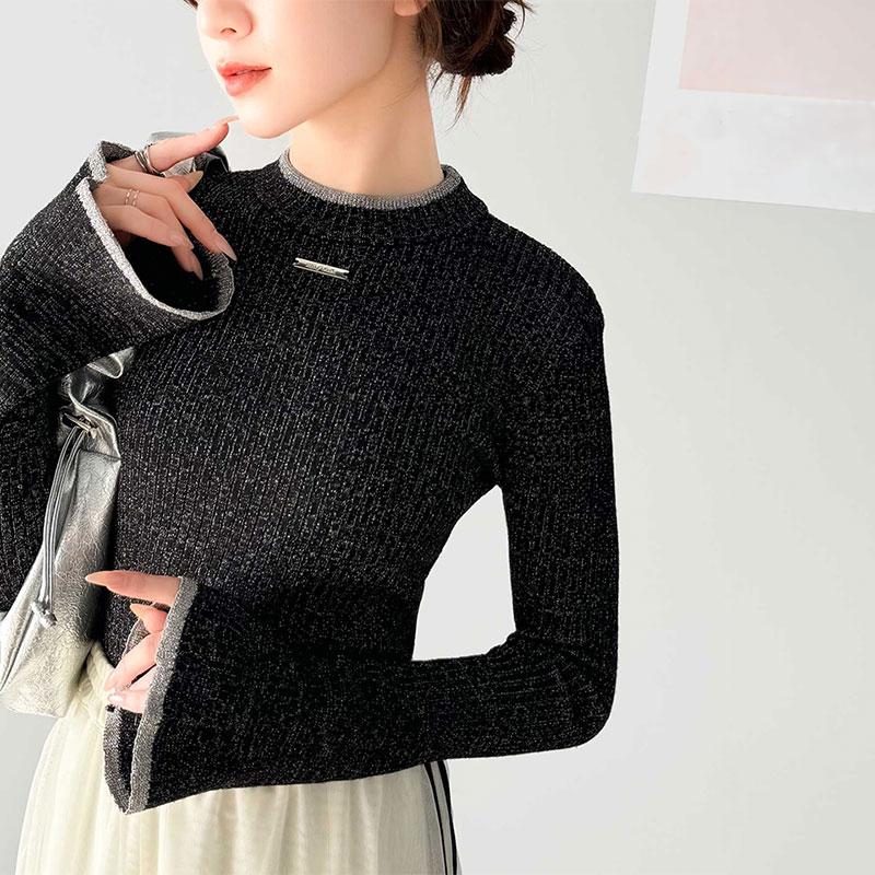 【mily bilet】 トップス ニット レディース きらめき ラメ入り 配色 リブ プチ ハイ 袖 フレア 長袖 胸元 ロゴ プレート コンパクト丈 着回し | classicalelf | 18