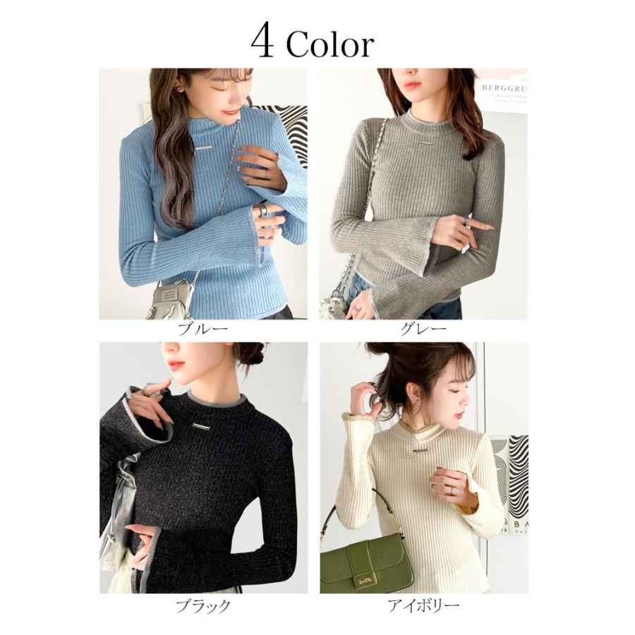 【mily bilet】 トップス ニット レディース きらめき ラメ入り 配色 リブ プチ ハイ 袖 フレア 長袖 胸元 ロゴ プレート コンパクト丈 着回し | classicalelf | 02
