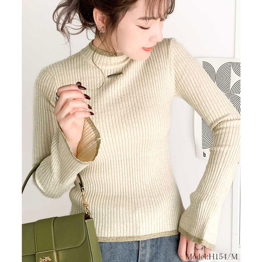【mily bilet】 トップス ニット レディース きらめき ラメ入り 配色 リブ プチ ハイ 袖 フレア 長袖 胸元 ロゴ プレート コンパクト丈 着回し | classicalelf | 03