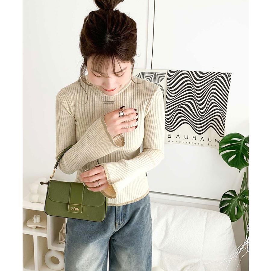 【mily bilet】 トップス ニット レディース きらめき ラメ入り 配色 リブ プチ ハイ 袖 フレア 長袖 胸元 ロゴ プレート コンパクト丈 着回し | classicalelf | 06