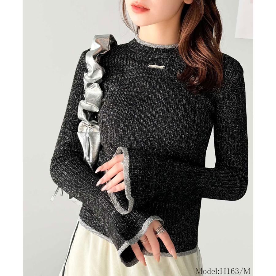 【mily bilet】 トップス ニット レディース きらめき ラメ入り 配色 リブ プチ ハイ 袖 フレア 長袖 胸元 ロゴ プレート コンパクト丈 着回し | classicalelf | 07