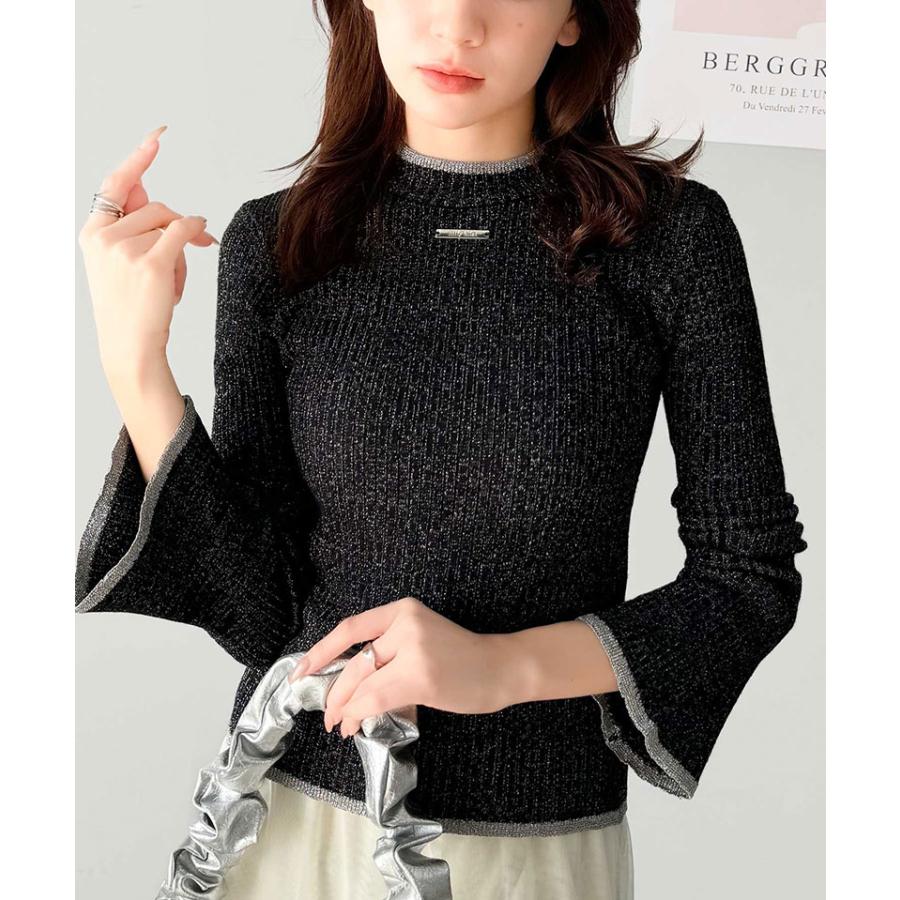 【mily bilet】 トップス ニット レディース きらめき ラメ入り 配色 リブ プチ ハイ 袖 フレア 長袖 胸元 ロゴ プレート コンパクト丈 着回し | classicalelf | 09