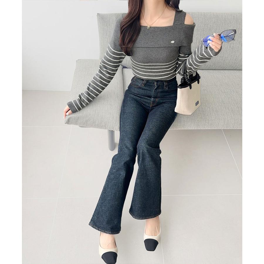 【mily bilet】 トップス ニット レディース ワンオフショルダー アクセント ボタン ロゴ プレート ボーダー (長袖 大きいサイズ 秋 冬 | classicalelf | 12