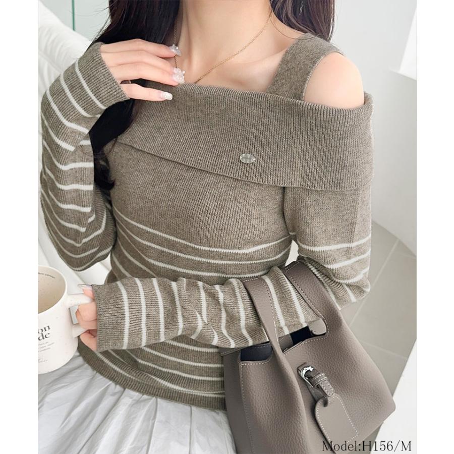 【mily bilet】 トップス ニット レディース ワンオフショルダー アクセント ボタン ロゴ プレート ボーダー (長袖 大きいサイズ 秋 冬 | classicalelf | 13
