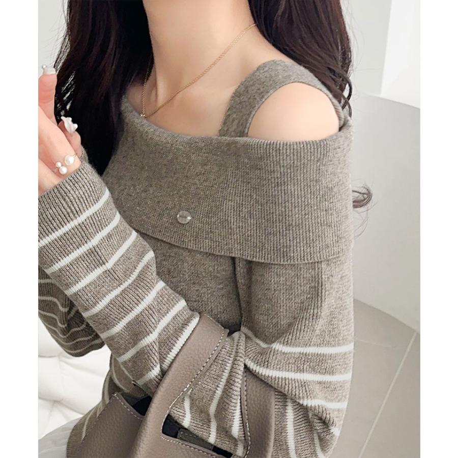 【mily bilet】 トップス ニット レディース ワンオフショルダー アクセント ボタン ロゴ プレート ボーダー (長袖 大きいサイズ 秋 冬 | classicalelf | 15