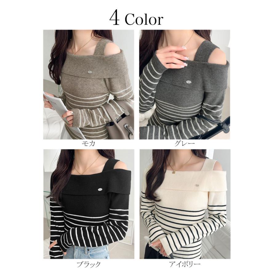 【mily bilet】 トップス ニット レディース ワンオフショルダー アクセント ボタン ロゴ プレート ボーダー (長袖 大きいサイズ 秋 冬 | classicalelf | 01