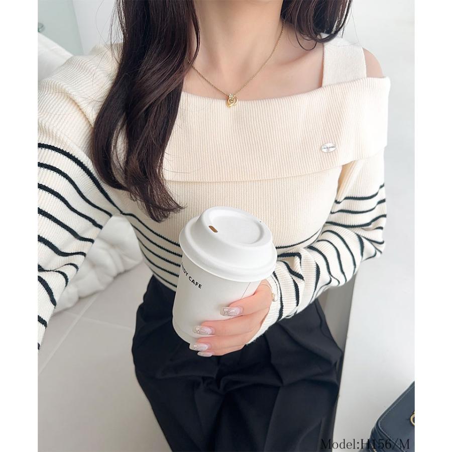 【mily bilet】 トップス ニット レディース ワンオフショルダー アクセント ボタン ロゴ プレート ボーダー (長袖 大きいサイズ 秋 冬 | classicalelf | 02