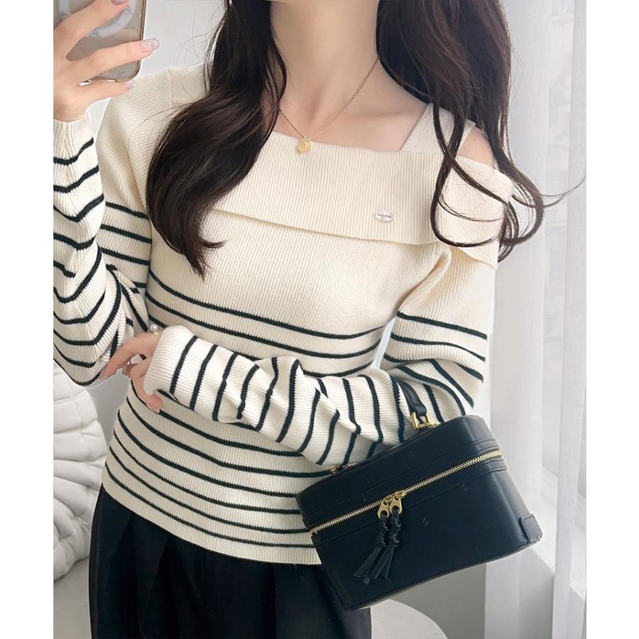 【mily bilet】 トップス ニット レディース ワンオフショルダー アクセント ボタン ロゴ プレート ボーダー (長袖 大きいサイズ 秋 冬 | classicalelf | 03