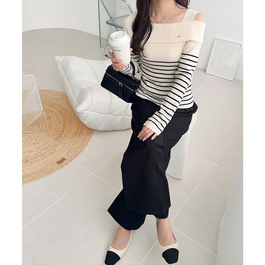 【mily bilet】 トップス ニット レディース ワンオフショルダー アクセント ボタン ロゴ プレート ボーダー (長袖 大きいサイズ 秋 冬 | classicalelf | 04