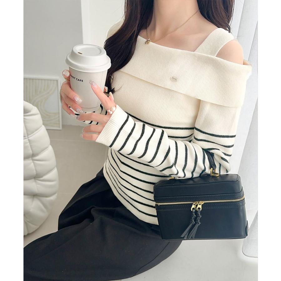 【mily bilet】 トップス ニット レディース ワンオフショルダー アクセント ボタン ロゴ プレート ボーダー (長袖 大きいサイズ 秋 冬 | classicalelf | 05