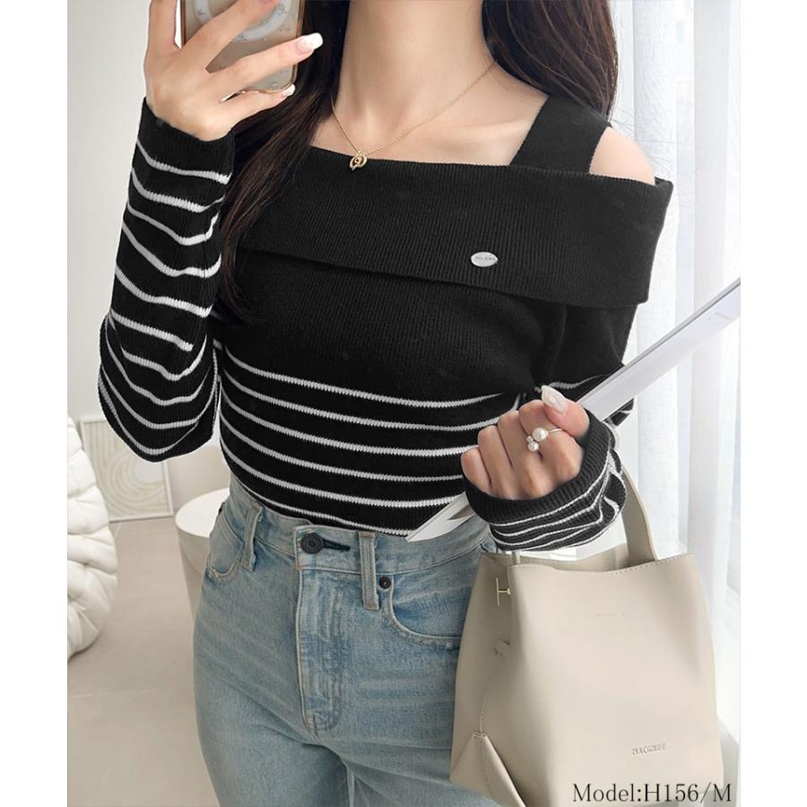 【mily bilet】 トップス ニット レディース ワンオフショルダー アクセント ボタン ロゴ プレート ボーダー (長袖 大きいサイズ 秋 冬 | classicalelf | 06