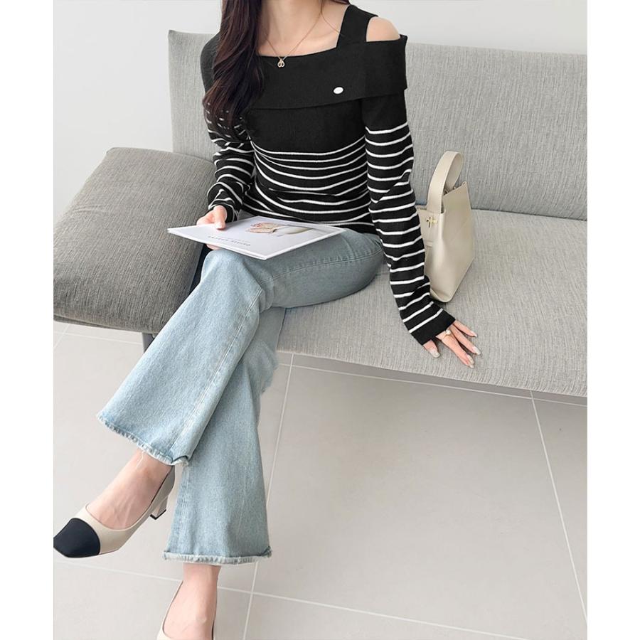 【mily bilet】 トップス ニット レディース ワンオフショルダー アクセント ボタン ロゴ プレート ボーダー (長袖 大きいサイズ 秋 冬 | classicalelf | 07