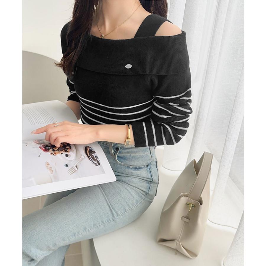 【mily bilet】 トップス ニット レディース ワンオフショルダー アクセント ボタン ロゴ プレート ボーダー (長袖 大きいサイズ 秋 冬 | classicalelf | 08