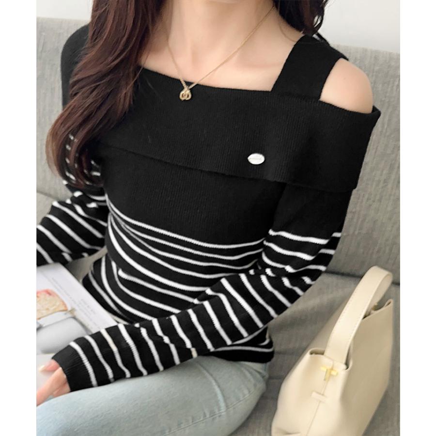 【mily bilet】 トップス ニット レディース ワンオフショルダー アクセント ボタン ロゴ プレート ボーダー (長袖 大きいサイズ 秋 冬 | classicalelf | 09