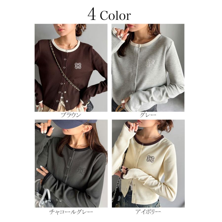 【mily bilet】トップス カーディガン レディース 配色 指穴 スナップ ボタン クロップド ワッフル カーデ 長袖 大きいサイズ 秋 冬 2025aw | classicalelf | 01
