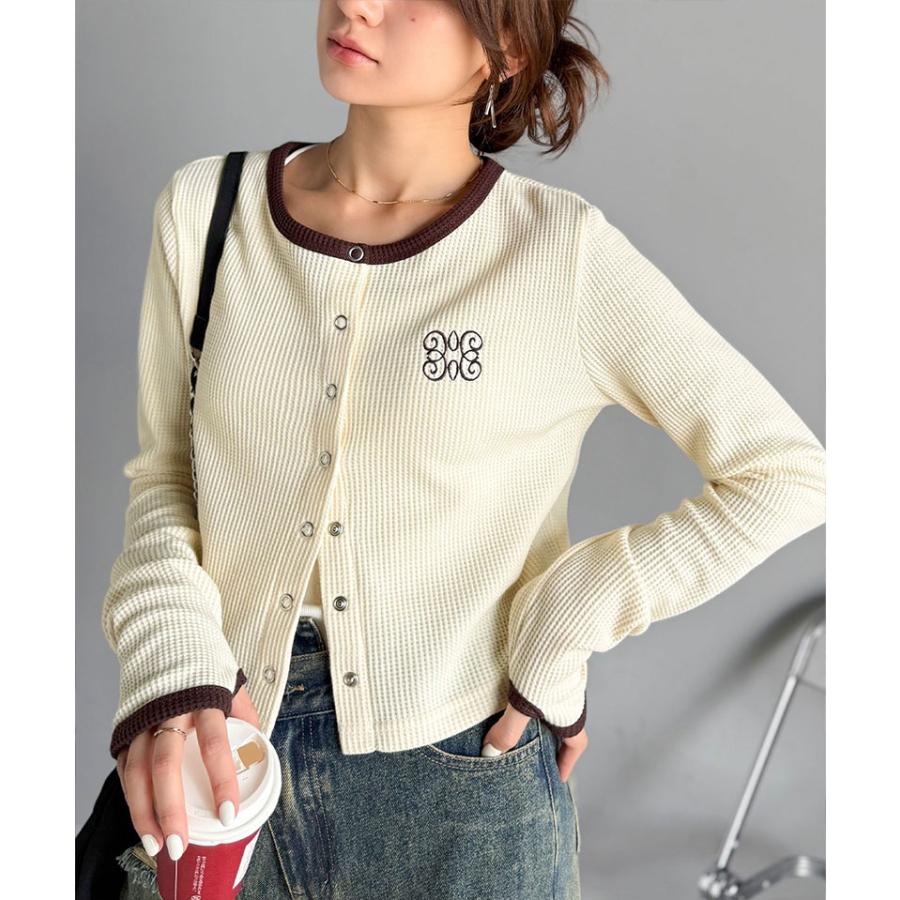 【mily bilet】トップス カーディガン レディース 配色 指穴 スナップ ボタン クロップド ワッフル カーデ 長袖 大きいサイズ 秋 冬 2025aw | classicalelf | 03