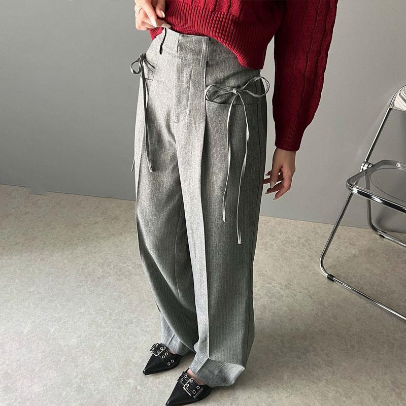 【mily bilet】ボトムス スラックス レディース パンツ ワイドパンツ リボン センタープレス ストレートワイド センターライン きれいめ | classicalelf