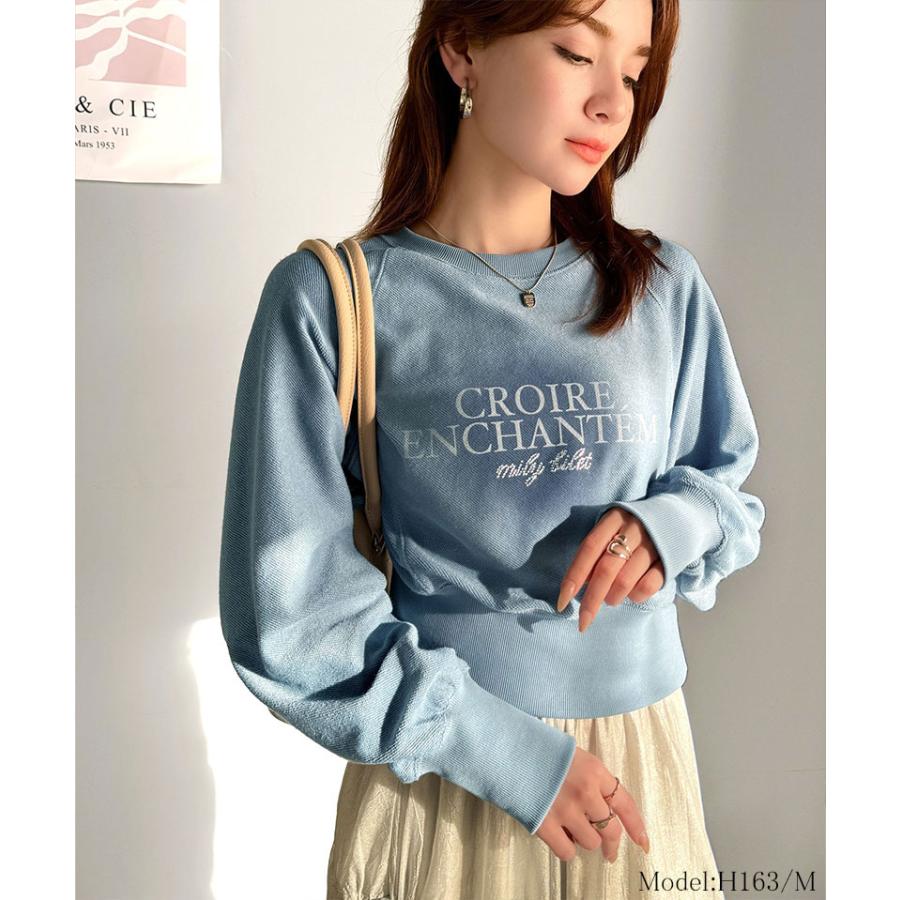 【mily bilet】トップス スウェット レディース ラインストーン ぼかし 英字 プリント 裏毛 使い クロップド丈 プルオーバー 長袖 ラグランスリーブ | classicalelf | 11