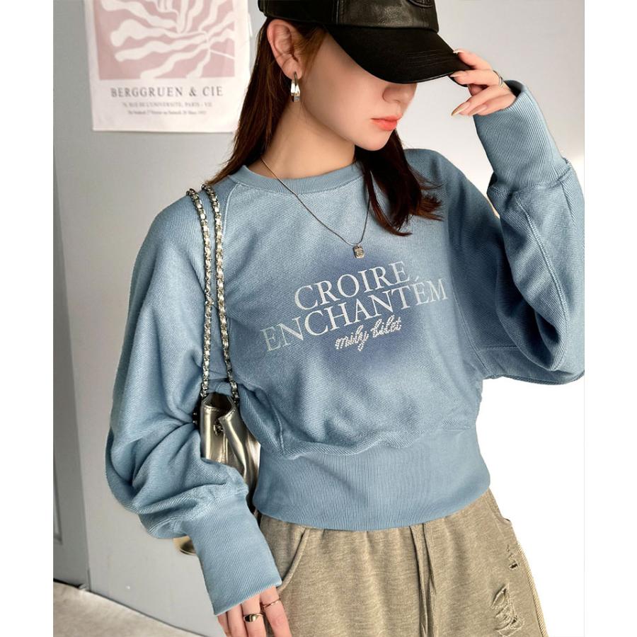 【mily bilet】トップス スウェット レディース ラインストーン ぼかし 英字 プリント 裏毛 使い クロップド丈 プルオーバー 長袖 ラグランスリーブ | classicalelf | 12