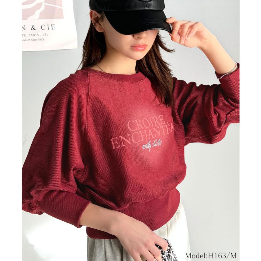 【mily bilet】トップス スウェット レディース ラインストーン ぼかし 英字 プリント 裏毛 使い クロップド丈 プルオーバー 長袖 ラグランスリーブ | classicalelf | 14